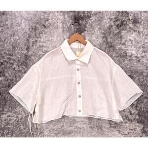 New My Mum Made It Top Medium Womens White Linen Boxy Button Down Crop Shirt